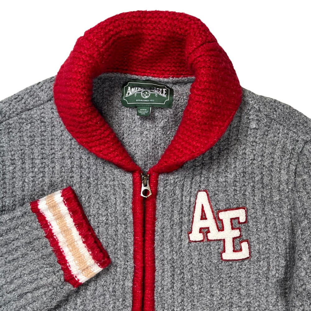 American Eagle Cardigan Women Medium Gray Red Full Zip Varsity Shawl Sweater Y2K